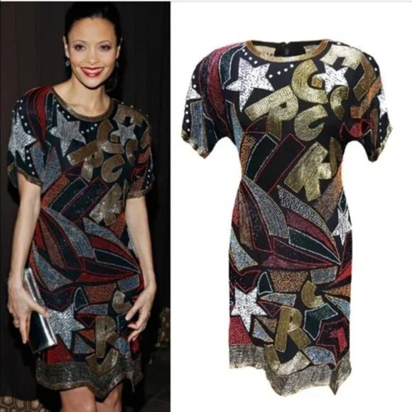 NWT VINTAGE SWEE LO Handmade Beaded & Sequin Navy Blue Cocktail Dress Deadstock - Picture 12 of 13